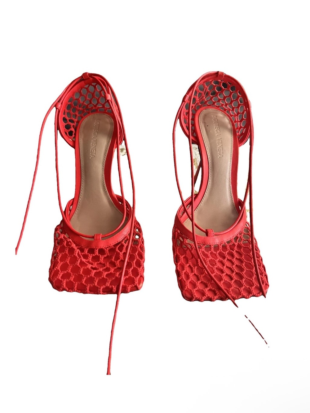 Bottega Veneta Red Lace-Up Mesh Square-Toe Heels